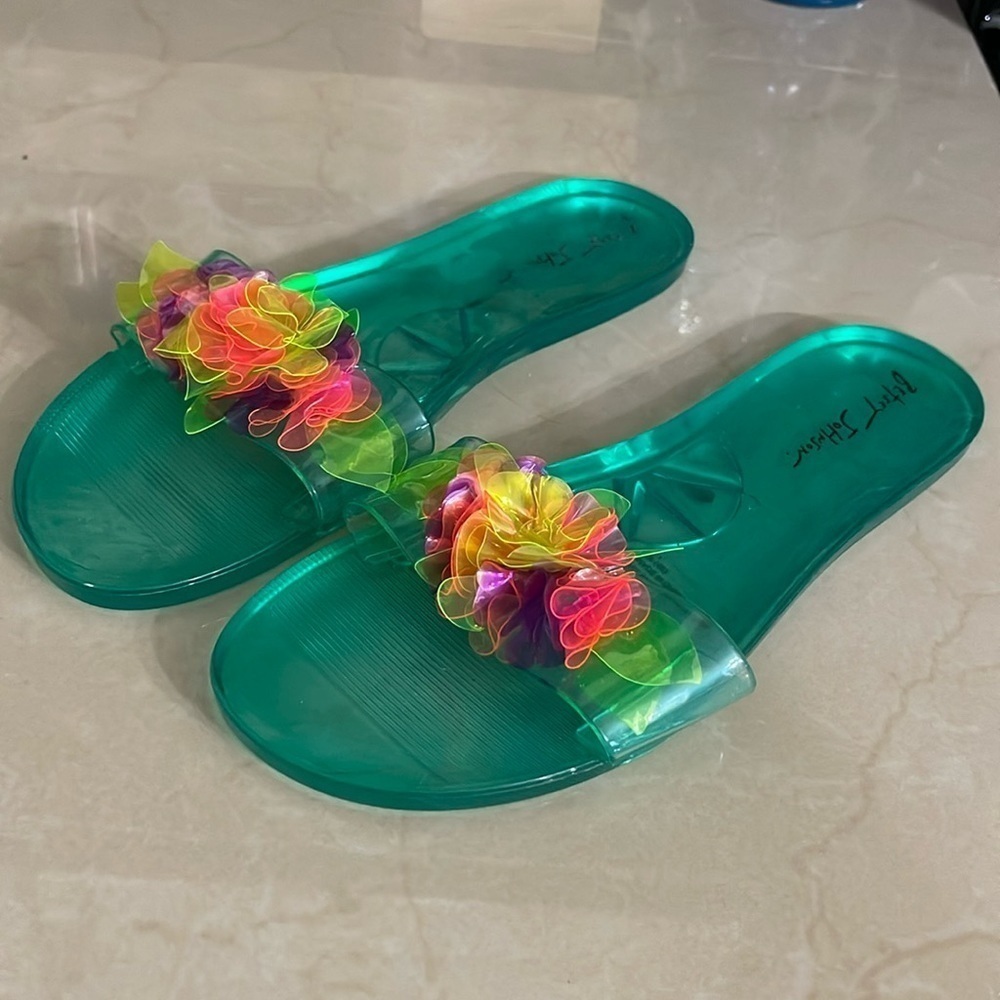 Betsey Johnson Evviee Sandals, Teal Jelly Slides Flowers Slip On S 11